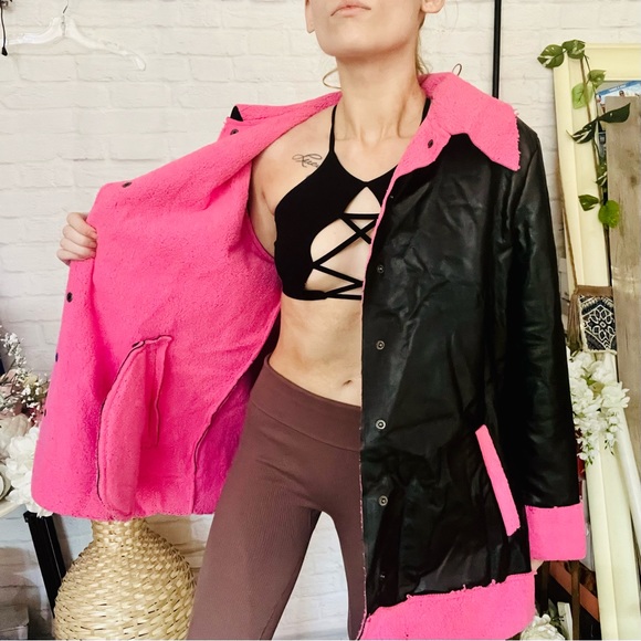 Black Leather Pink Sherpa Coat - Picture 4 of 13